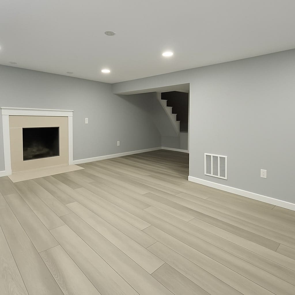Contemporary basement remodel featuring fireplace and gray vinyl plank flooring